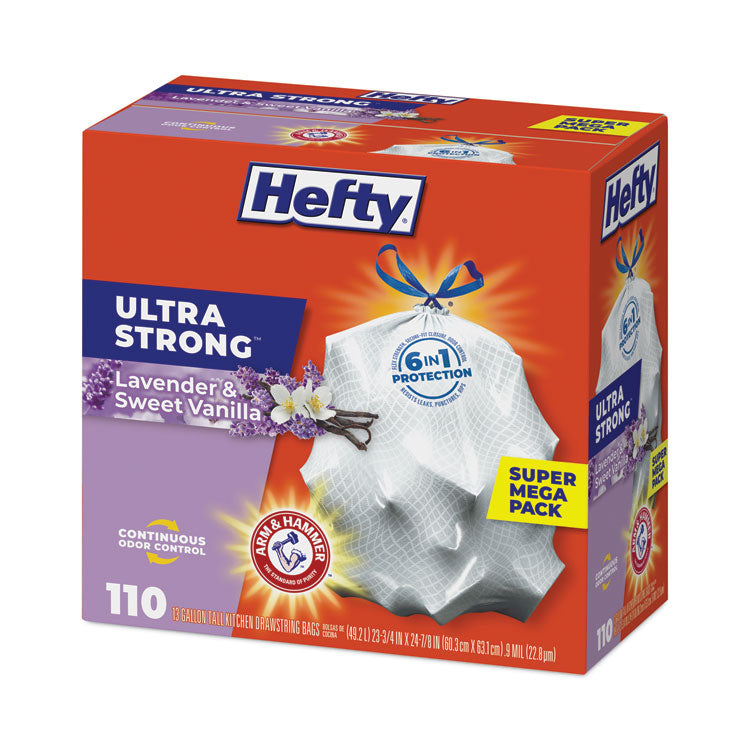 Ultra Strong Scented Tall Kitchen Bags, Drawstring, 13 gal, Lavender/Vanilla, 23.75" x 24.88", White, 110/Box, 3 Boxes/Carton