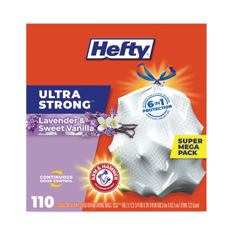 Ultra Strong Scented Tall Kitchen Bags, Drawstring, 13 gal, Lavender/Vanilla, 23.75" x 24.88", White, 110/Box, 3 Boxes/Carton