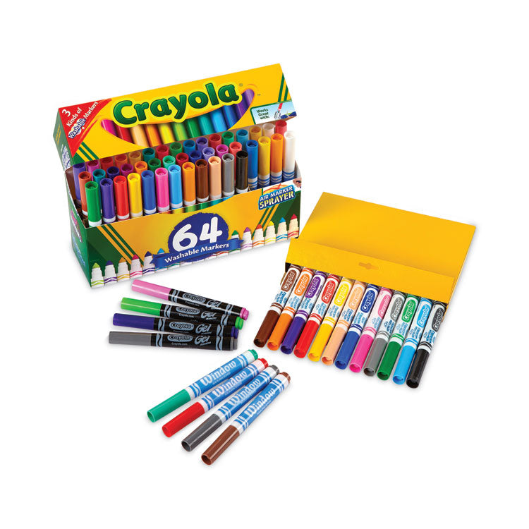 Broad Line Washable Markers, 48 Broad Bullet Tip/8 Gel/8 Window, Assorted Colors, 64/Set