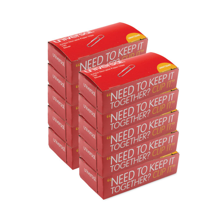 Paper Clips, Jumbo, Nonskid, Silver, 100 Clips/Box, 10 Boxes/Pack