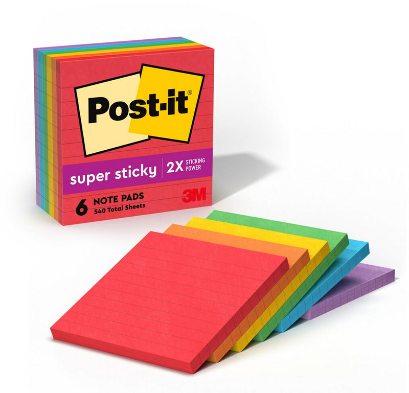 Post-it Super Sticky Notes, 4" x 4", Playful Primaries Collection, Lined, 90 Sheet/Pad, 6 Pads/Pack (6756SSAN)