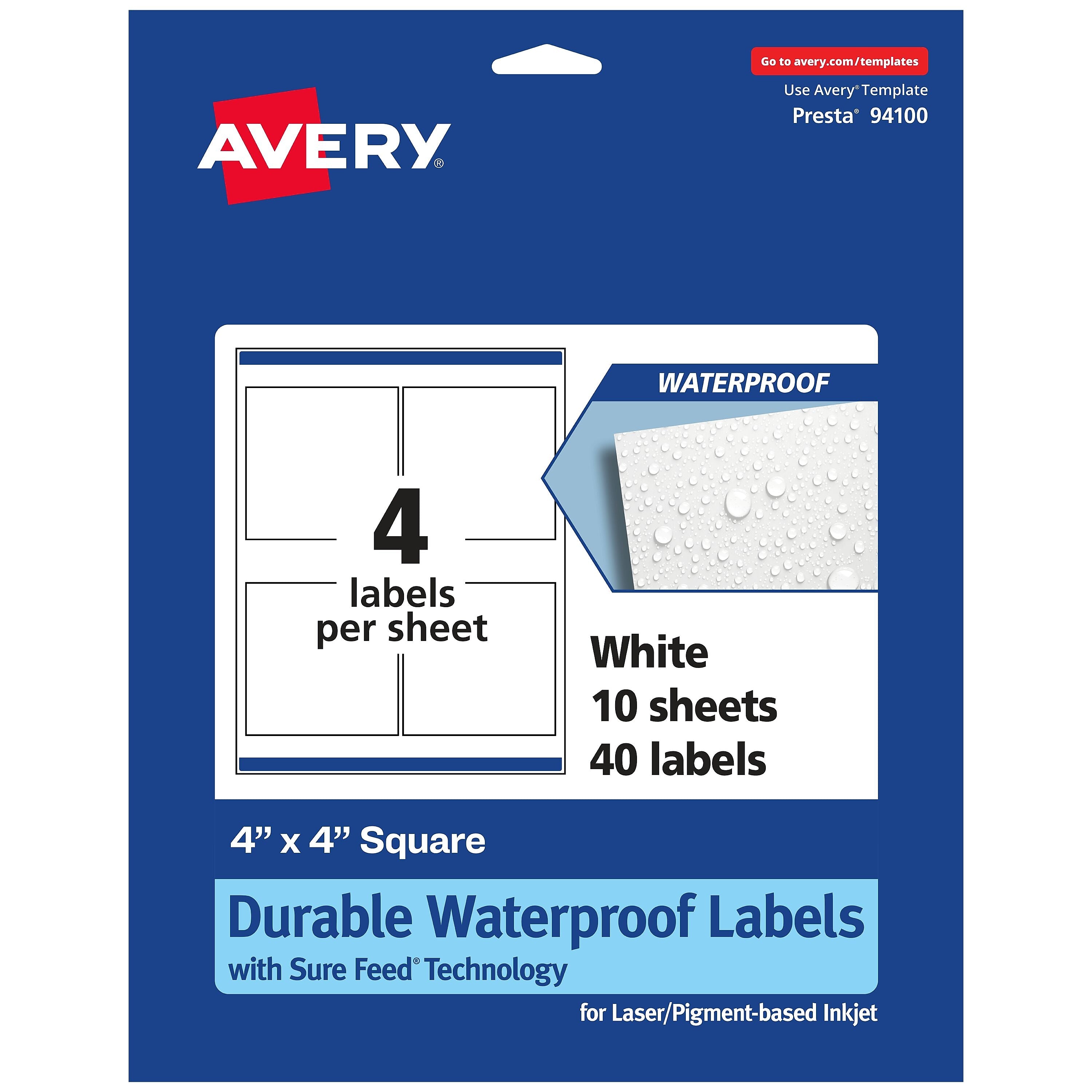 Avery Laser/Inkjet Square Durable Waterproof Labels, 4" x 4", White, 40 Labels/Pack (94100)