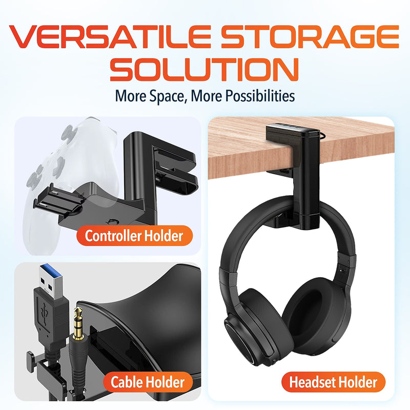 Delton HS7 Headset Stand with Under-Desk Holder and 3 USB-A Ports, Black (DHS3USB)