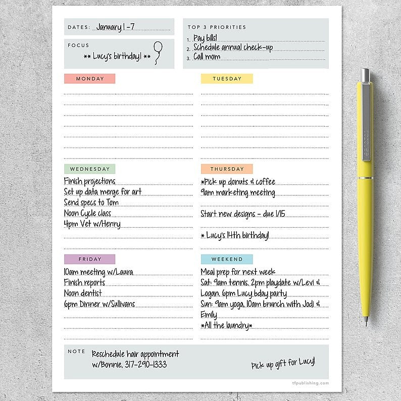 TF Publishing WeeklyTask Pad 6" x 8" Weekly Planner, Paperboard Cover, Multicolored (99-6777)