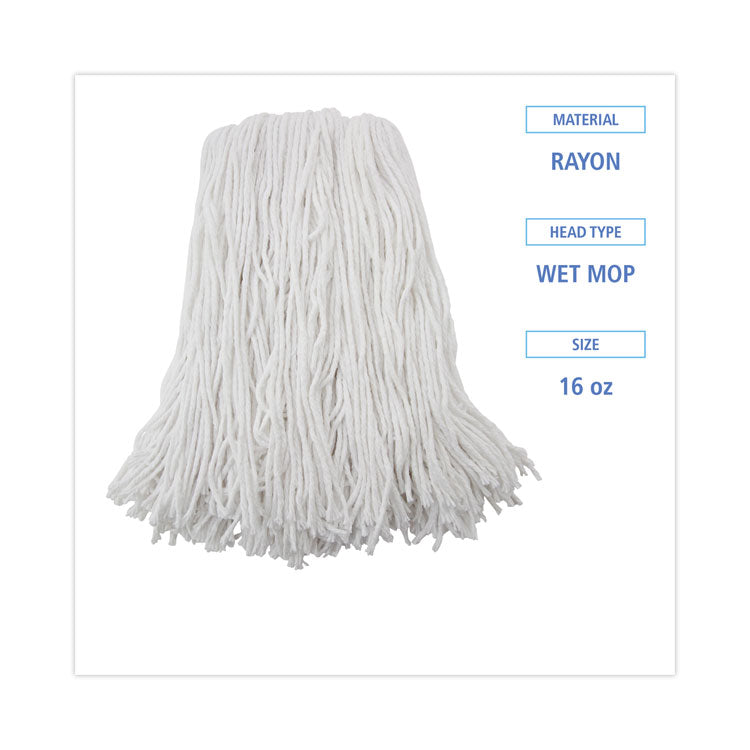 Premium Cut-End Wet Mop Heads, Rayon, 16oz, White, 12/carton