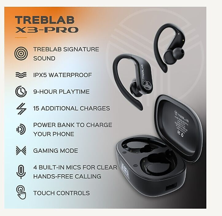 Treblab X3-Pro Bluetooth Wireless Earbuds with Earhooks, Charging Case (X3-PRO-W)