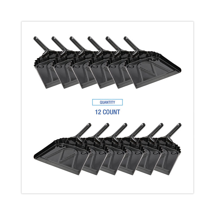 Metal Dust Pan, 12 x 14, 5" Handle, 20-Gauge Steel, Black, 12/Carton