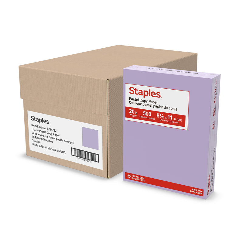 Staples Pastel 30% Recycled Multipurpose Colored Paper, 20 Lbs., 8.5" x 11", Lilac, 500 Sheets/Ream, 10 Reams/Carton (14782)