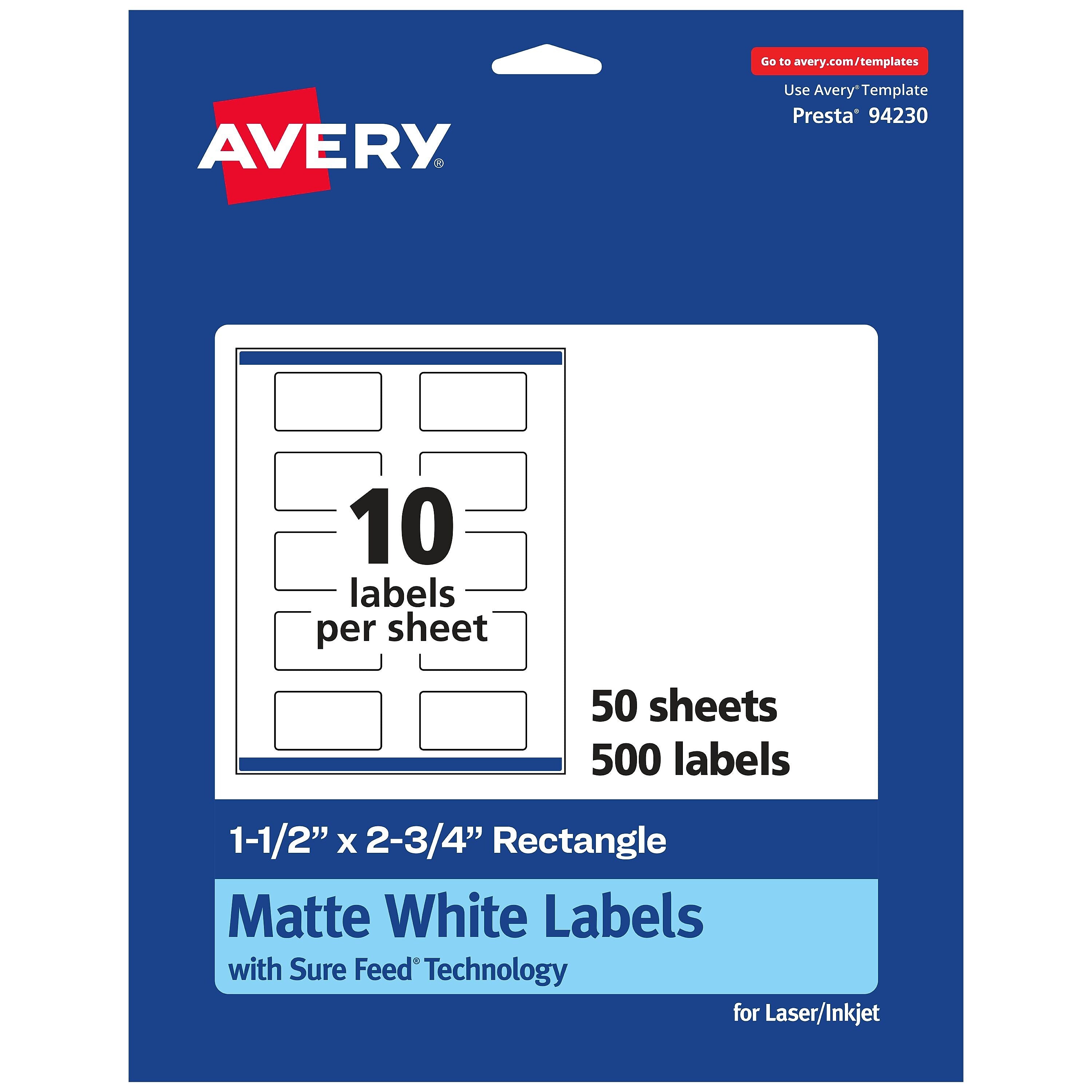 Avery Laser/Inkjet Rectangle Multipurpose Labels, 1.5" x 2.75", Matte White, 500 Labels/Box (94230)