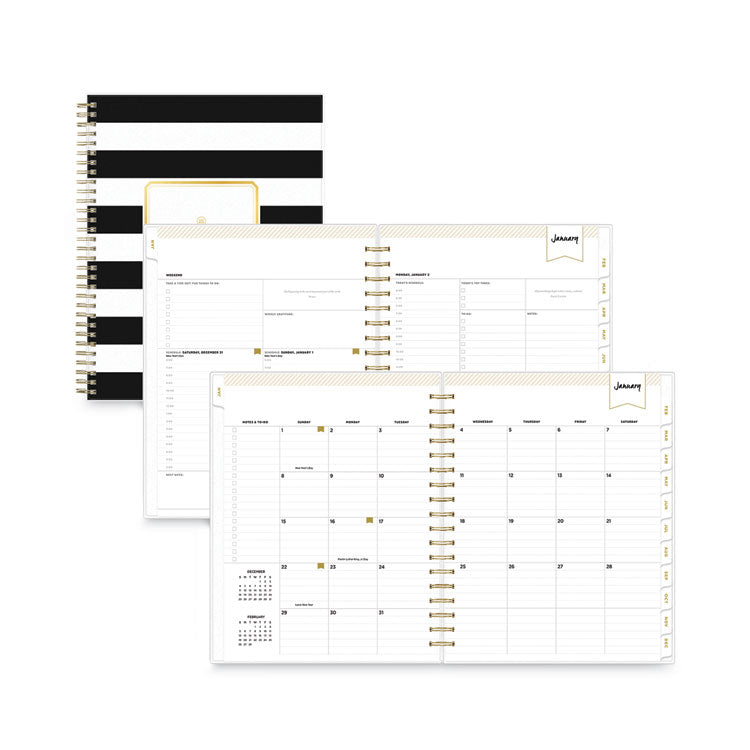 Day Designer Daily/Monthly Frosted Planner, Rugby Stripe Artwork, 10 x 8, Black/White Cover, 12-Month (July-June): 2025-2026