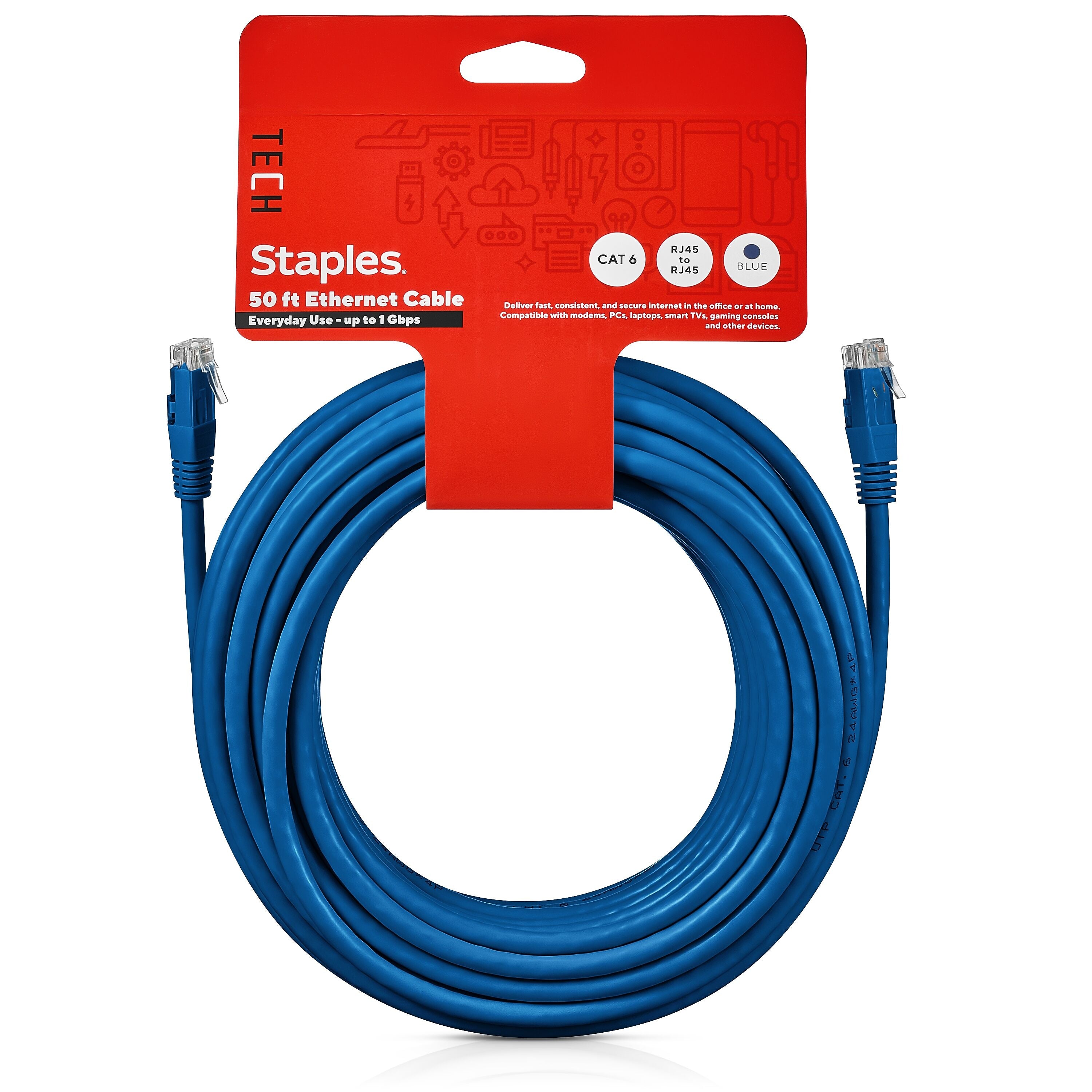 Staples TECH 50' Cat-6 Ethernet Cable, Male to Male, Blue (ST62450)