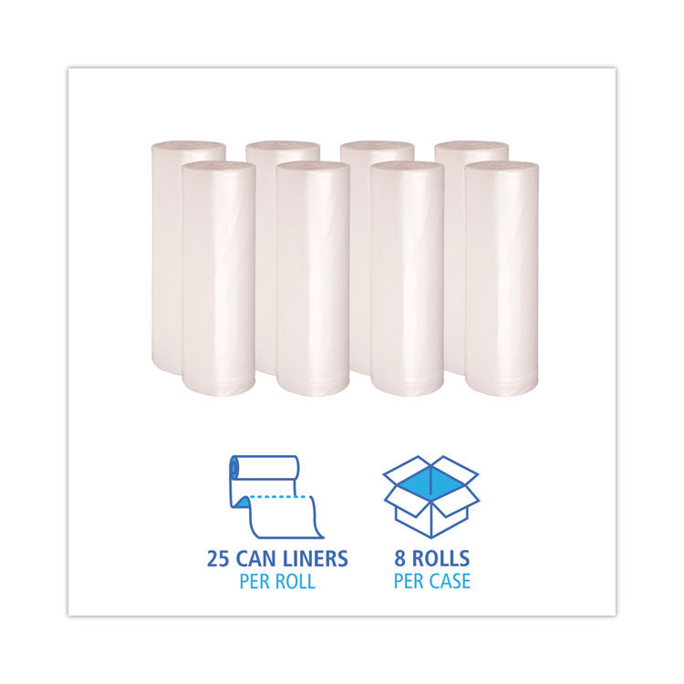 High-Density Can Liners, 60 gal, 11 mic, 38" x 58", Natural, Perforated Roll, 25 Bags/Roll, 8 Rolls/Carton