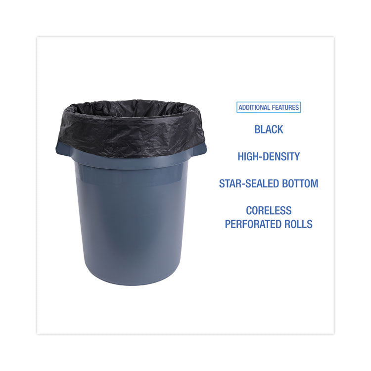 High-Density Can Liners, 60 gal, 14 mic, 38" x 58", Black, Perforated Roll, 25 Bags/Roll, 8 Rolls/Carton