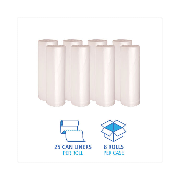 High-Density Can Liners, 60 gal, 14 mic, 38" x 58", Natural, Perforated Roll, 25 Bags/Roll, 8 Rolls/Carton