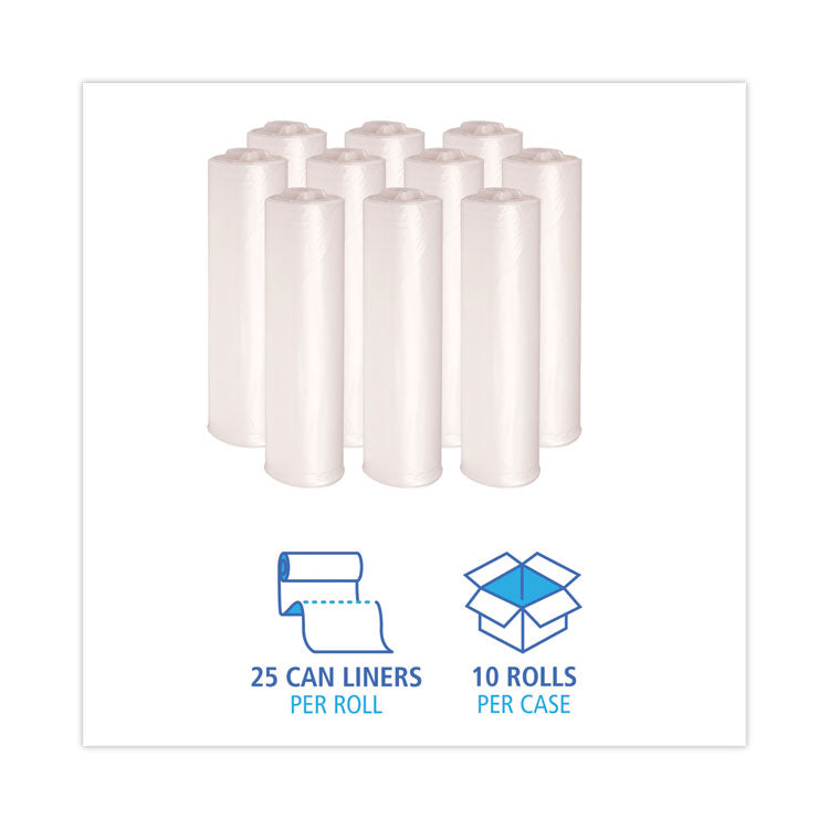 High-Density Can Liners, 45 gal, 13 mic, 40" x 46", Natural, Perforated Roll, 25 Bags/Roll, 10 Rolls/Carton