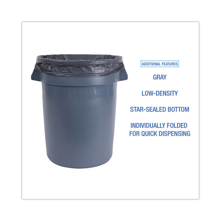 Linear Low Density Industrial Can Liners, 33 gal, 1.3 mil, 33" x 39", Gray, Flat Pack, 100/Carton