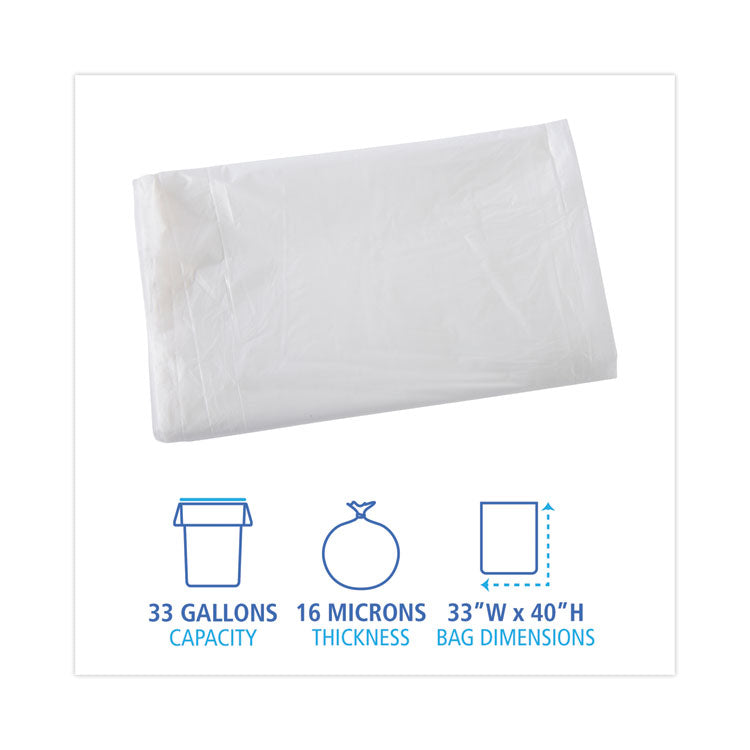 High Density Industrial Can Liners Flat Pack, 33 gal, 16 mic, 33" x 40", Natural, Flat Pack, 200/Carton