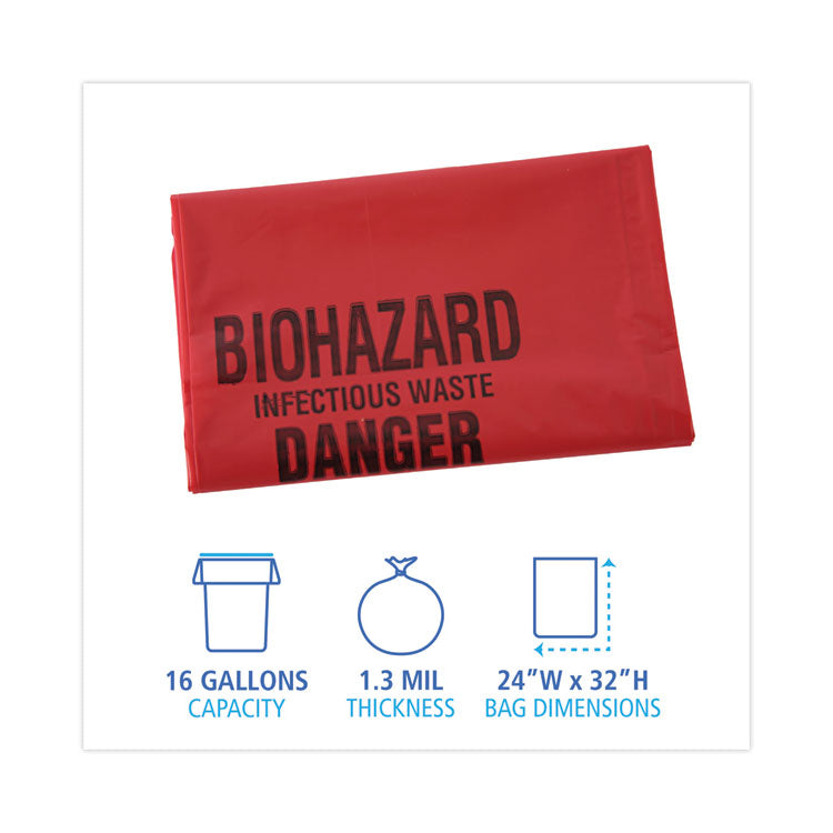 Linear Low Density Health Care Trash Can Liners, 16 gal, 1.3 mil, 24" x 32", Red, Flat Pack, 250/Carton