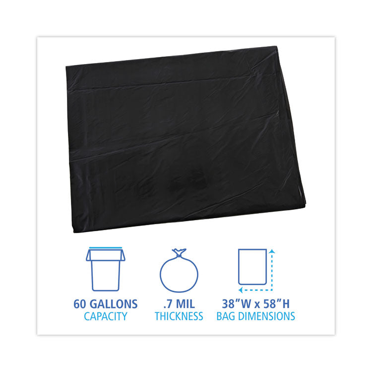 Linear Low Density Industrial Can Liners, 60 gal, 0.7 mil, 38" x 58", Black, Flat Pack, 100/Carton