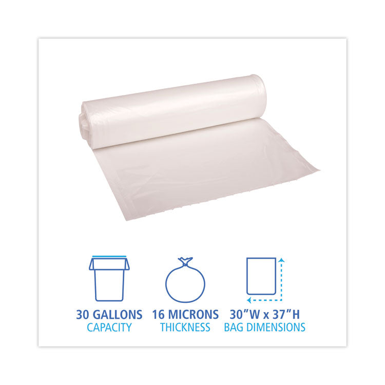 High Density Industrial Can Liners Coreless Rolls, 30 gal, 16 mic, 30" x 37", Natural, Perforated, 25 Bags/Roll, 20 Rolls/CT