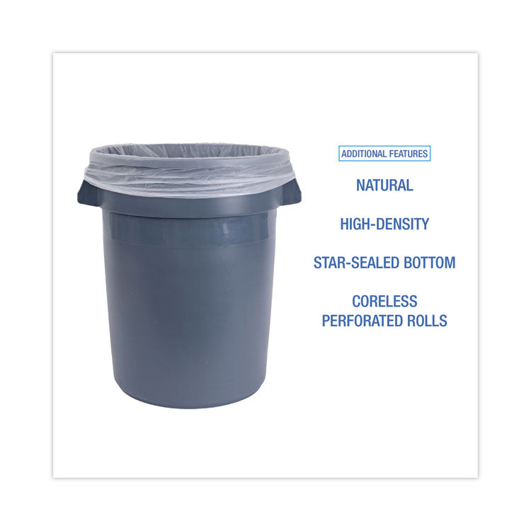High Density Industrial Can Liners Coreless Rolls, 30 gal, 16 mic, 30" x 37", Natural, Perforated, 25 Bags/Roll, 20 Rolls/CT