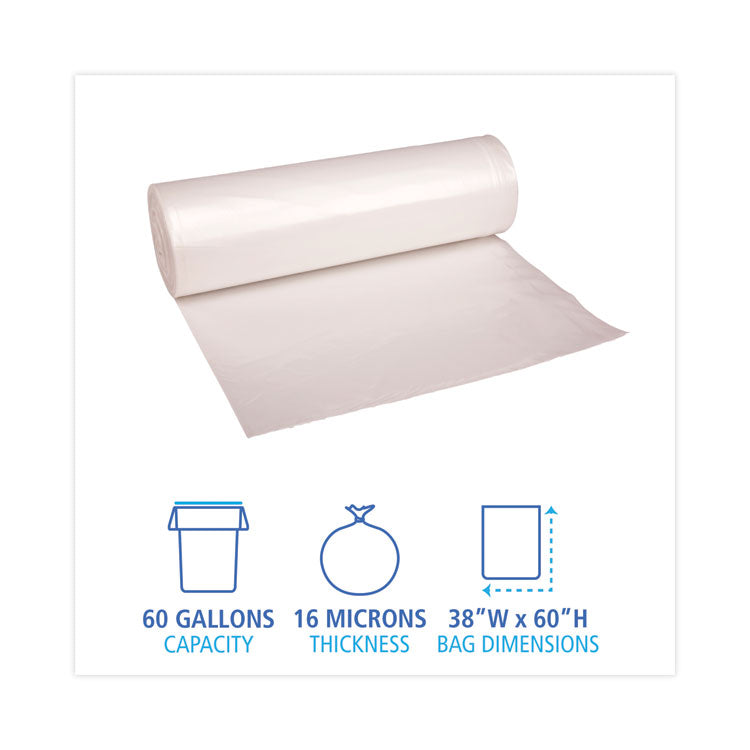 High Density Industrial Can Liners Coreless Rolls, 60 gal, 16 mic, 38" x 60", Natural, Perforated, 25 Bags/Roll, 8 Rolls/CT