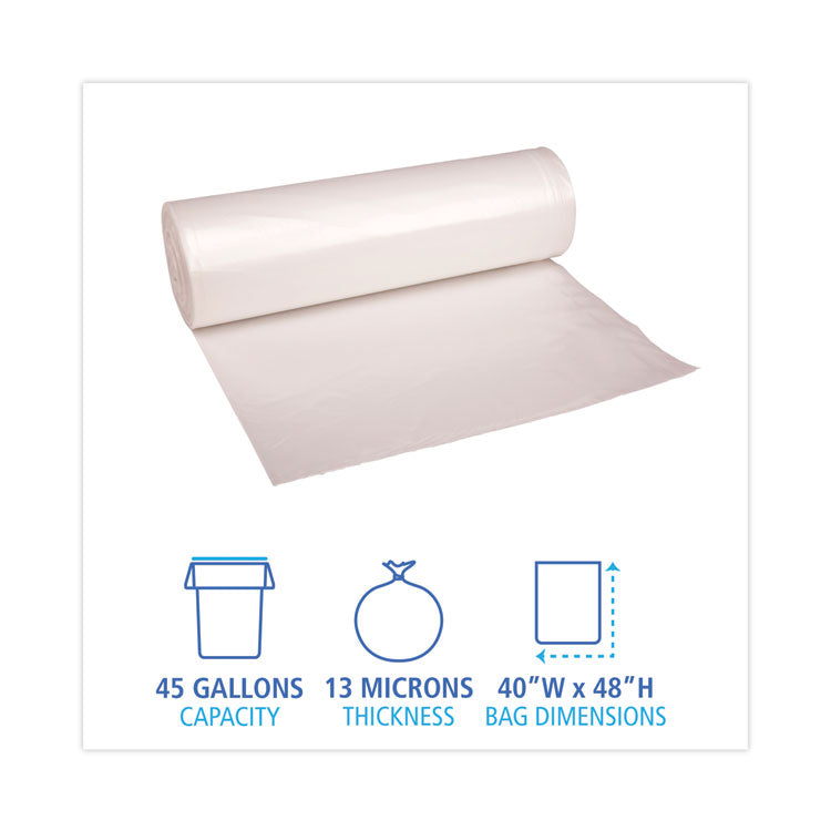 High Density Industrial Can Liners Coreless Rolls, 45 gal, 13 mic, 40" x 48", Natural, Perforated, 25 Bags/Roll, 10 Rolls/CT