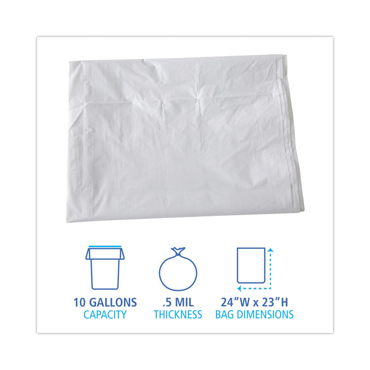 Linear Low Density Industrial Can Liners, 10 gal, 0.5 mil, 24" x 23", White, Flat Pack, 500/Carton