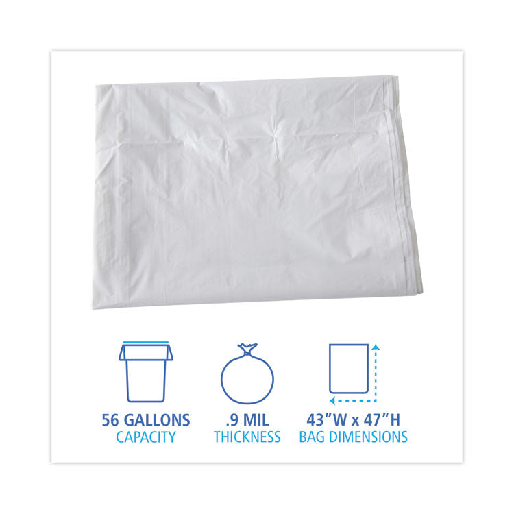 Linear Low Density Industrial Can Liners, 56 gal, 0.9 mil, 43" x 47", White, Flat Pack, 100/Carton