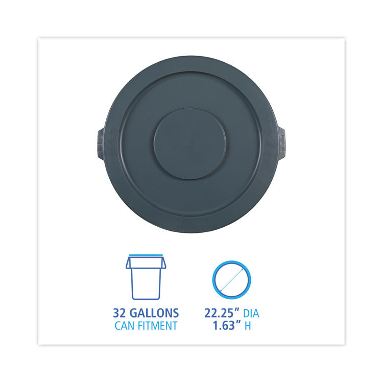 Lids For 32 Gal Waste Receptacle, Flat-Top, Round, Plastic, Gray