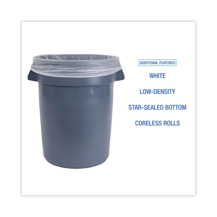 Low-Density Waste Can Liners, 33 gal, 0.6 mil, 33" x 39", White, Perforated Roll, 25 Bags/Roll, 6 Rolls/Carton