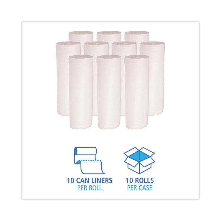Low-Density Waste Can Liners, 60 gal, 0.5 mil, 38" x 58", White, Perforated Roll, 10 Bags/Roll, 10 Rolls/Carton