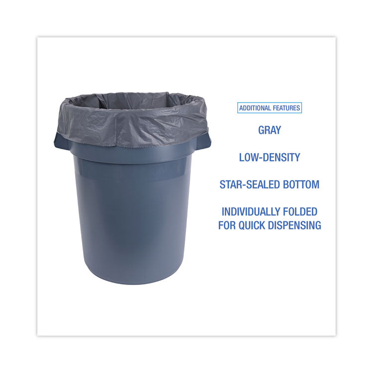 Linear Low Density Industrial Can Liners, 60 gal, 1.1 mil, 38" x 58", Gray, Flat Pack, 100/Carton