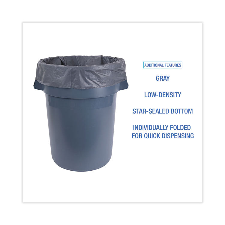 Linear Low Density Industrial Can Liners, 45 gal, 1.1 mil, 40" x 46", Gray, Flat Pack, 100/Carton