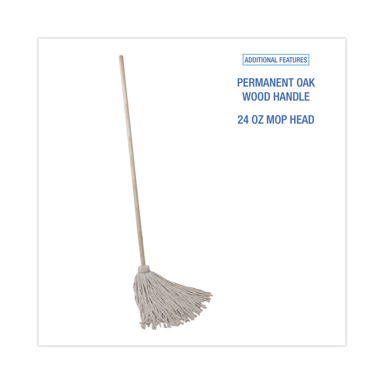 Handle/Deck Mops, #24 White Cotton Head, 54" Natural Wood Handle, 6/Pack