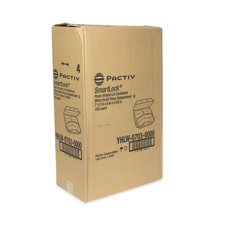 SmartLock Foam Hinged Lid Container, Small, 3 Compartments, 7.5 x 8 x 2.63, White, 150/Carton