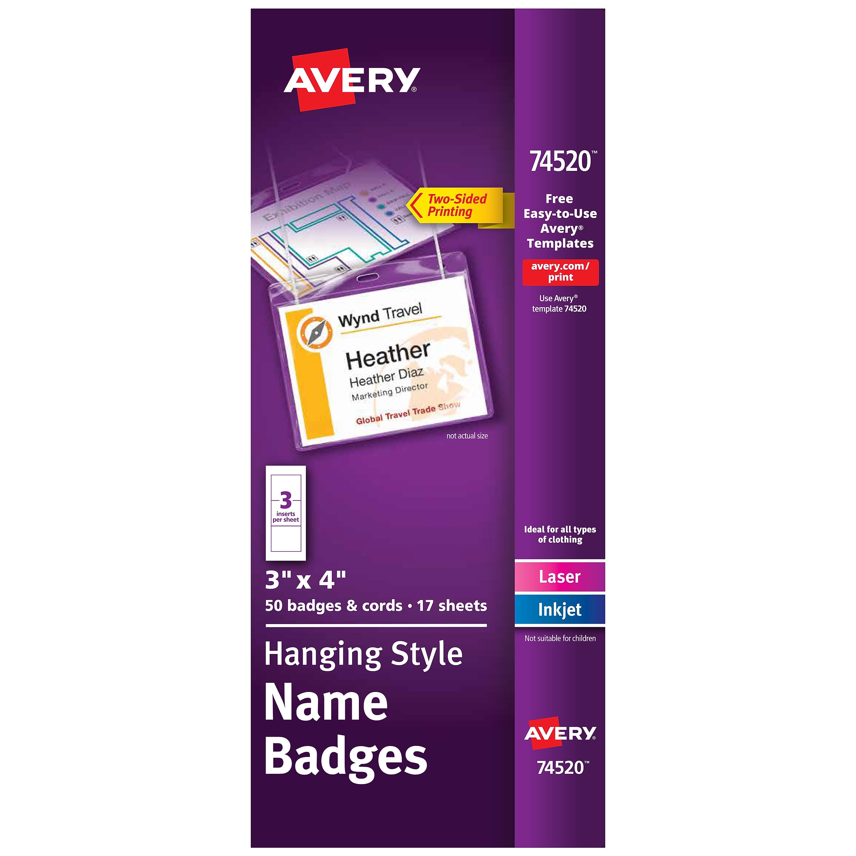 Avery Hanging Style Laser/Inkjet Name Badge Kit, 3" x 4", Clear Holders with White Inserts, 50 Badges Per Box (74520)