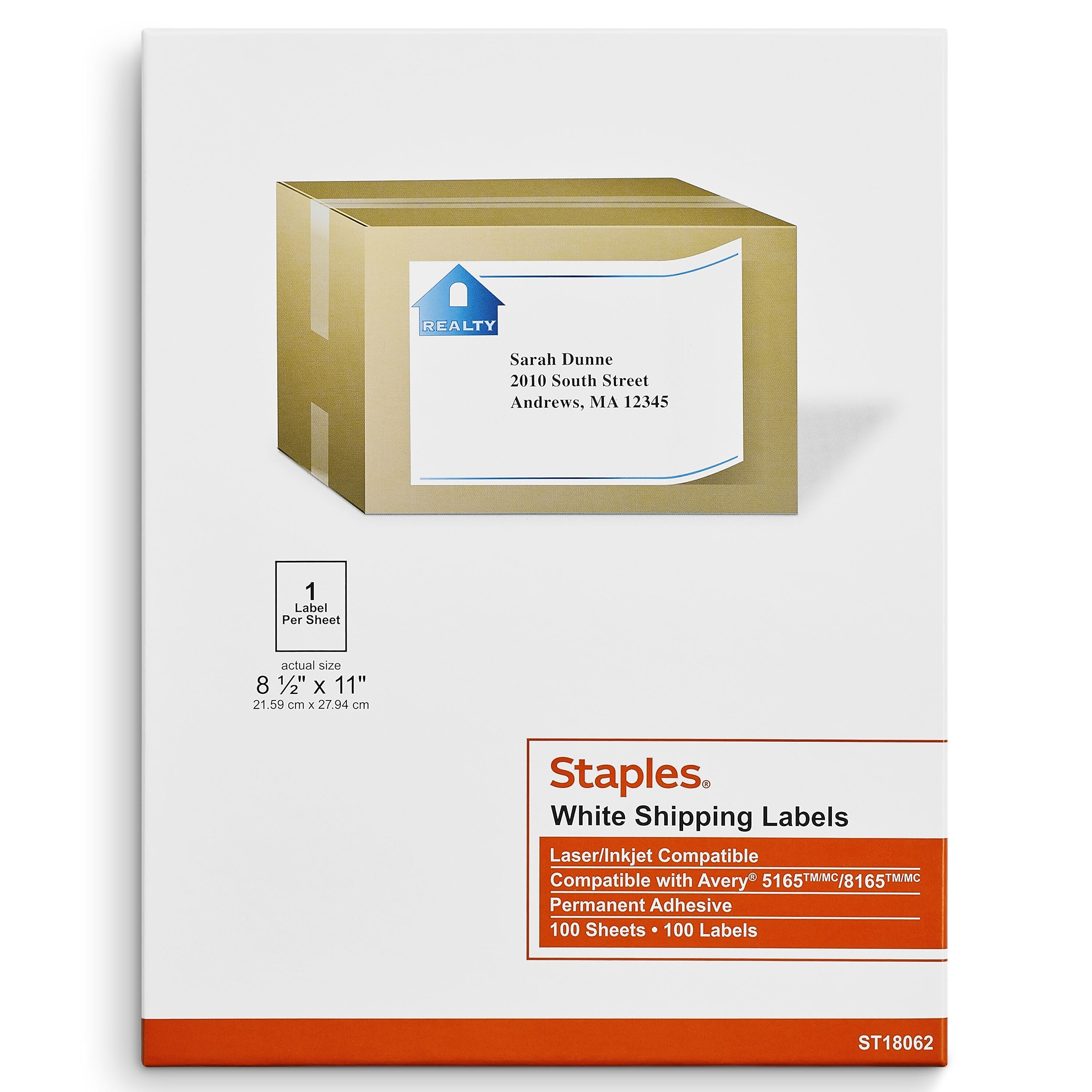 Staples Laser/Inkjet Shipping Labels, 8 1/2" x 11", White, 1 Label/Sheet, 100 Sheets/Box (ST18062-CC)