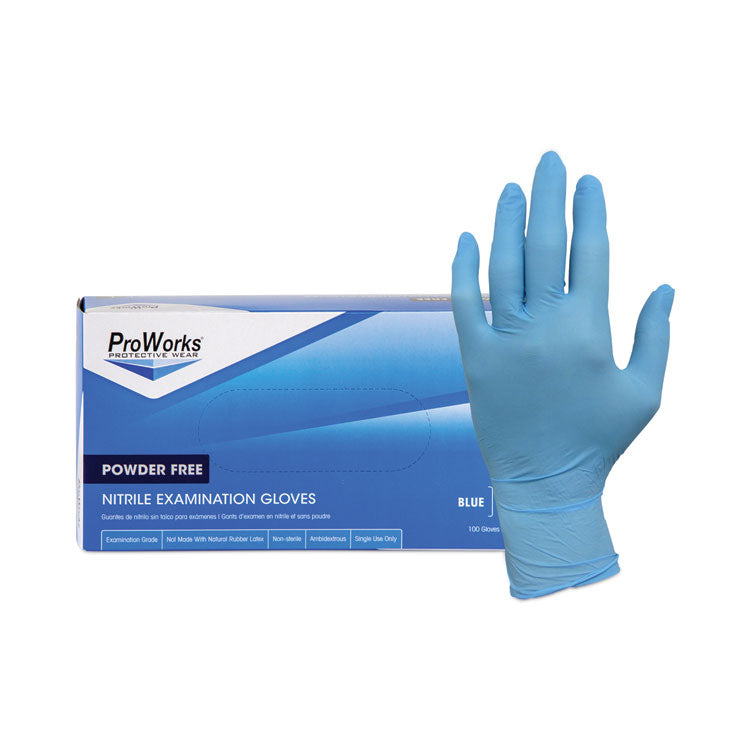 ProWorks Exam Grade Disposable Nitrile Gloves, Powder-Free, Large, 5.5 mil Thick, 9.5" Long, Blue, 100/Box, 10 Boxes/Carton