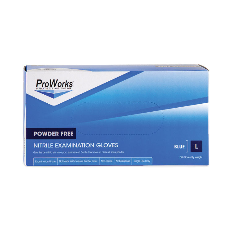 ProWorks Exam Grade Disposable Nitrile Gloves, Powder-Free, Large, 5.5 mil Thick, 9.5" Long, Blue, 100/Box, 10 Boxes/Carton