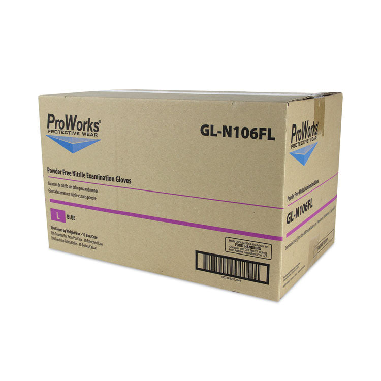 ProWorks Exam Grade Disposable Nitrile Gloves, Powder-Free, Large, 5.5 mil Thick, 9.5" Long, Blue, 100/Box, 10 Boxes/Carton