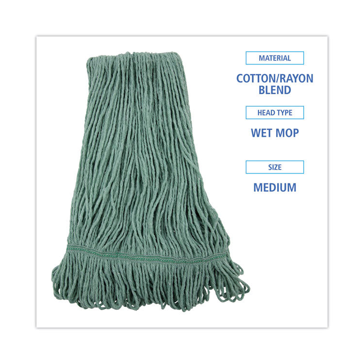 Narrowband Looped-End Mop Head, Premium Standard Head, Cotton/Rayon Fiber, Medium, Green, 12/Carton