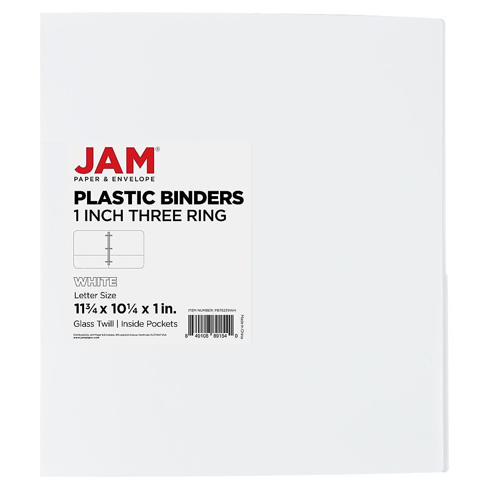 JAM Paper 1/2" 3-Ring Flexible Poly Binder, White (PB75237WH)