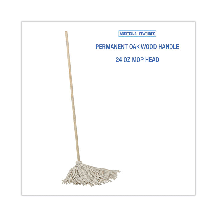 Cotton Deck Mop, #24 White Cotton Head, 50" Wood Handle, 6/Carton