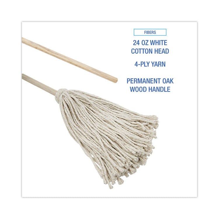 Cotton Deck Mop, #24 White Cotton Head, 50" Wood Handle, 6/Carton