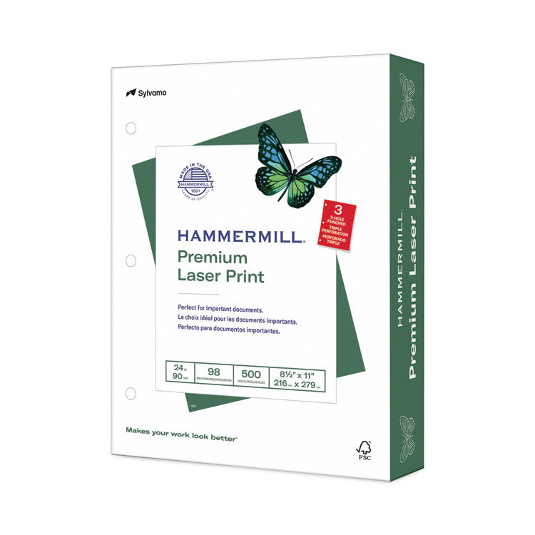 Premium Laser Print Paper, 98 Bright, 3-Hole, 24 lb Bond Weight, 8.5 x 11, White, 500/Ream