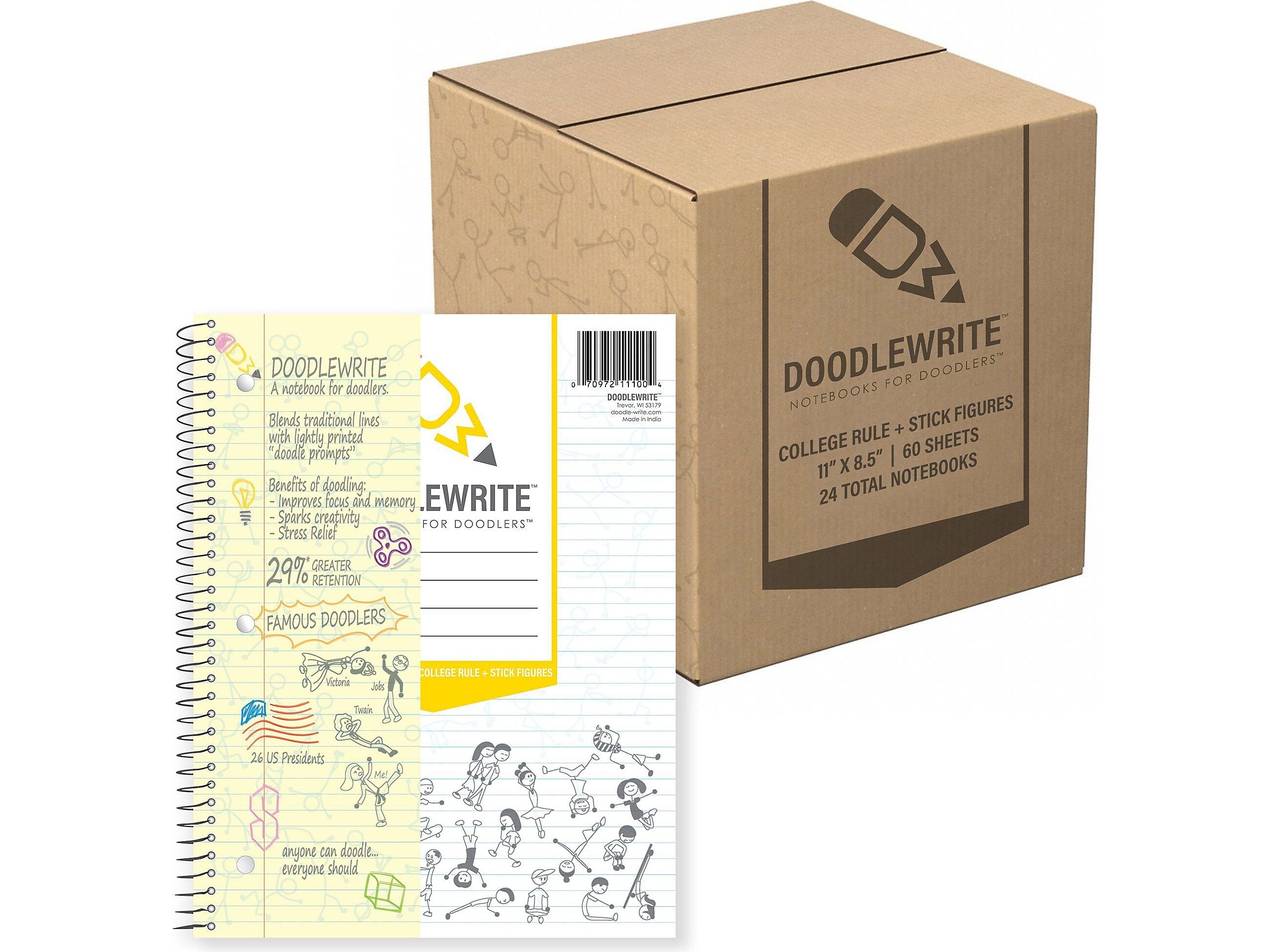 DOODLEWRITE 1-Subject Notebooks, 8.5" x 11", College Ruled, 60 Sheets, White, /Carton (11100CS)