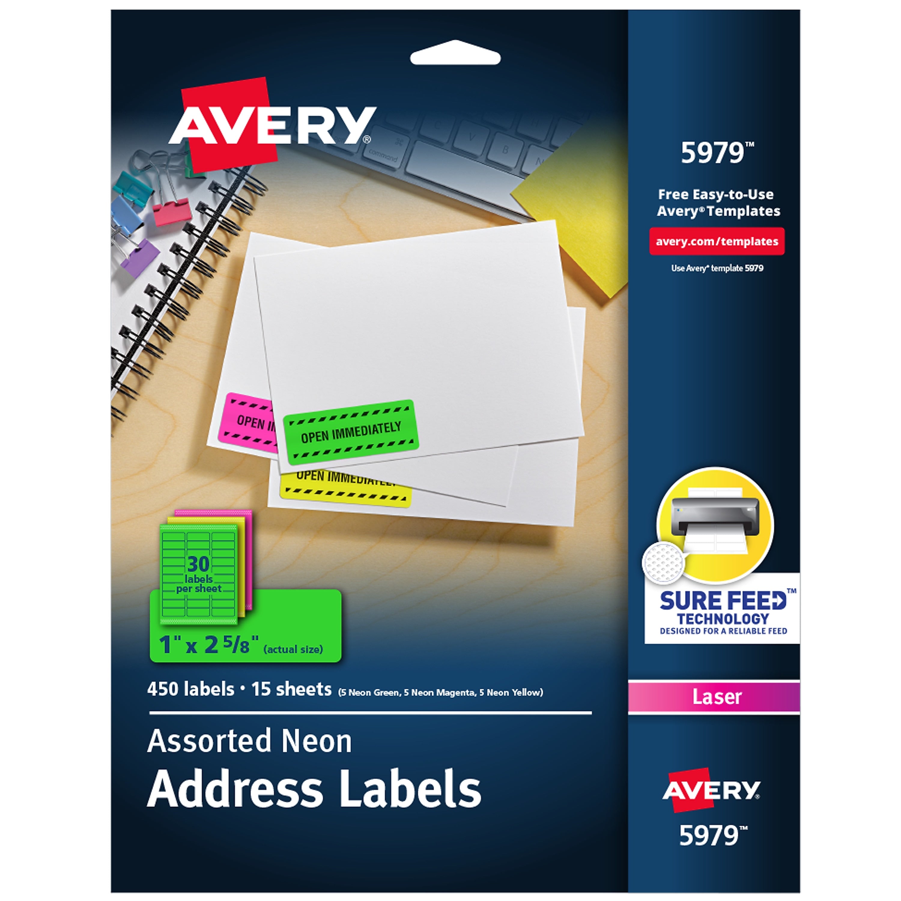 Avery Sure Feed Laser Address Labels, 1 x 2 5/8", Assorted Neon Colors, 450 Labels/Pack (5979)