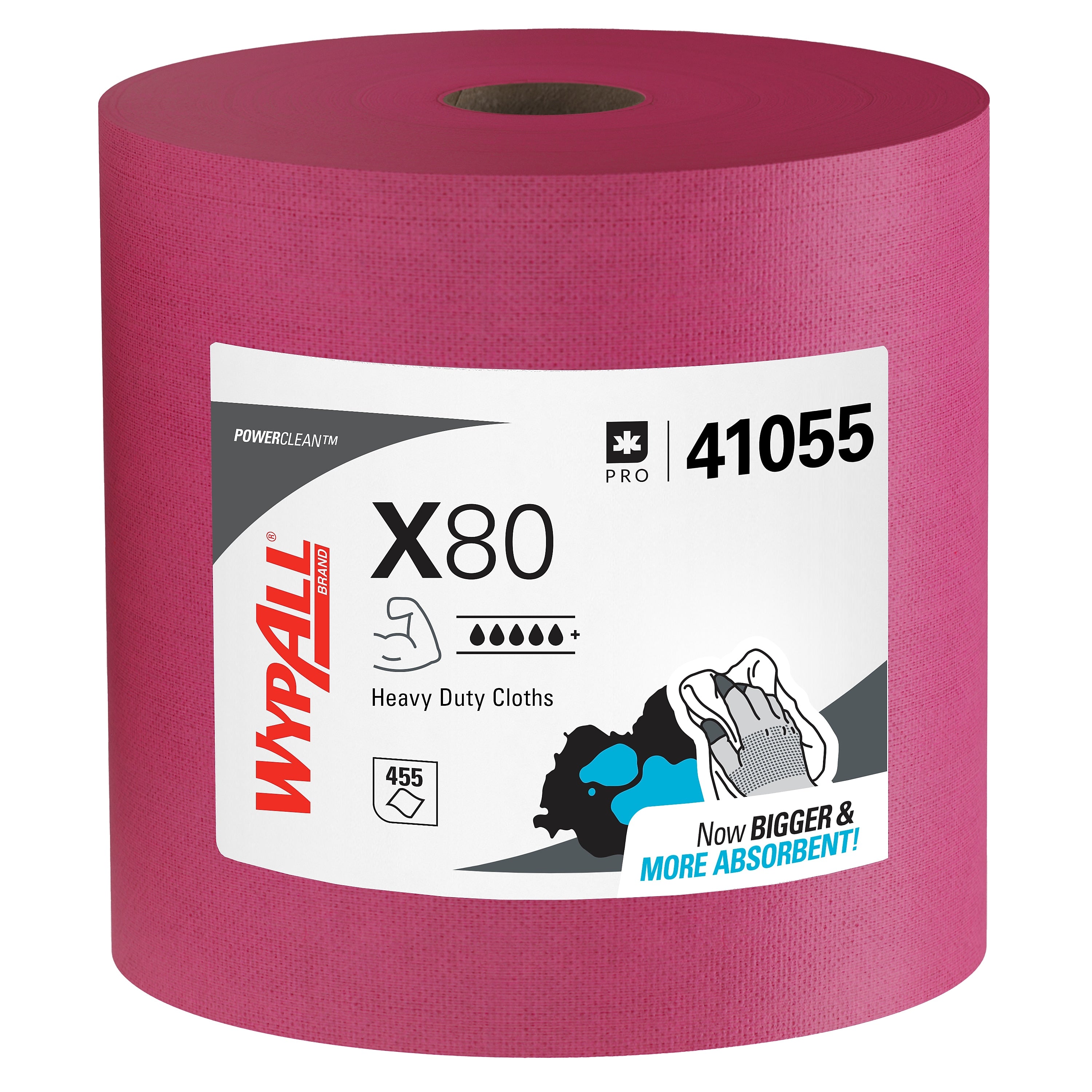 WypAll PowerClean X80 Cloth Cleaning Wipers, 16.8" x 12.5", Red, 455 Sheets/Roll (41055)
