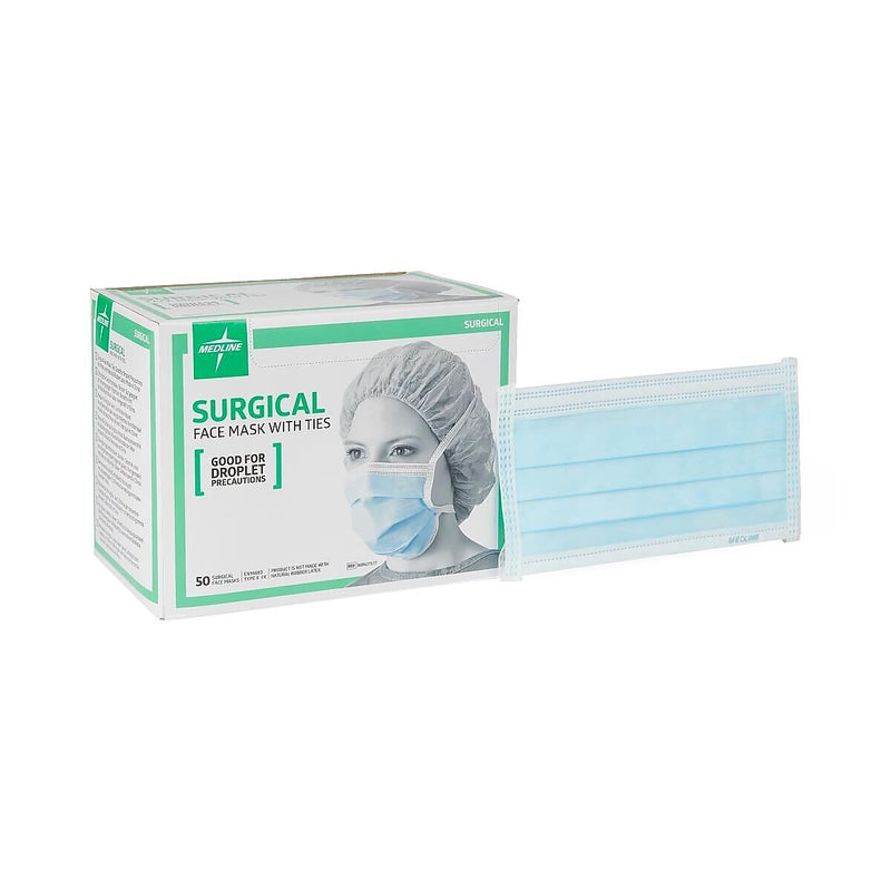 Medline Disposable Surgical Face Masks with Ties, One Size, Blue, 50/Box (NON27377Z)